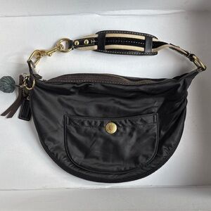 Coach Hampton Soho Black Satin Hobo Shoulder Bag, Teal Lining preowned